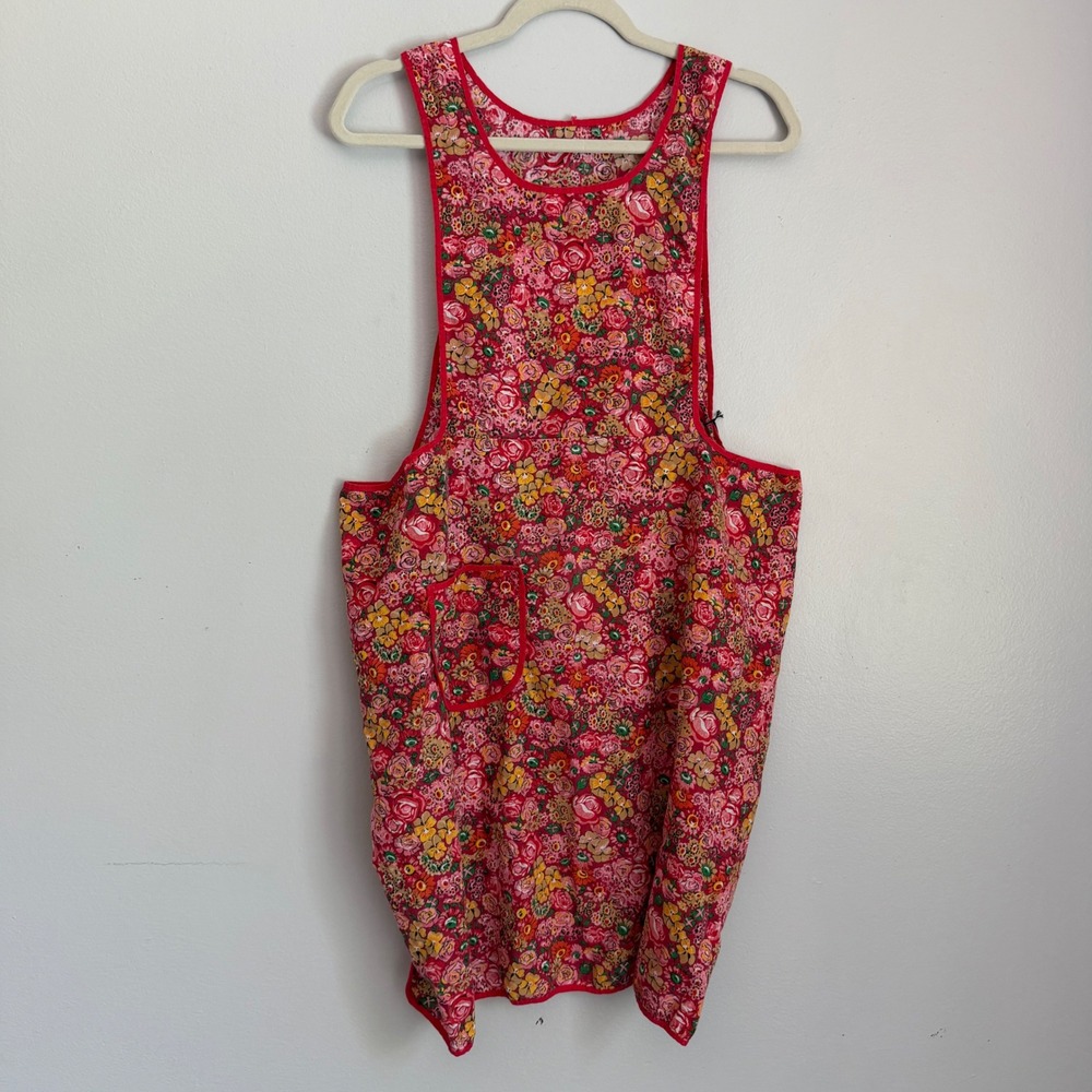 Vintage Floral Pinafore Apron Rose Print Smock Pocket Cottagecore OS
